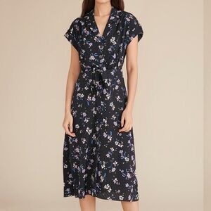 Veronica Beard Amani Black Floral Silk-Blend Midi Waist Tie Dress